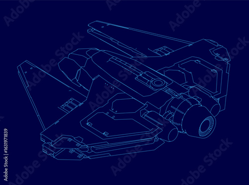 Detailed blueprint of a futuristic spaceship with labeled components like engines, wings, and cockpit. The white contour lines contrast sharply against the deep blue background.