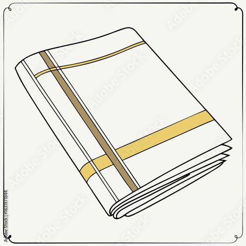A simple illustration of a folded white dhoti with golden stripes on a light cream background
