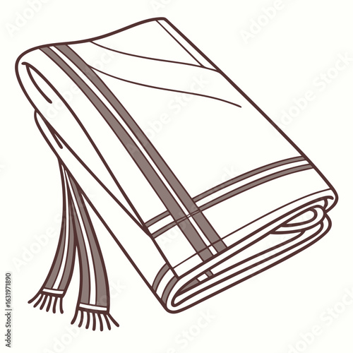 A simple line drawing illustration of a folded white dhoti with brown stripes and tassels on a light background