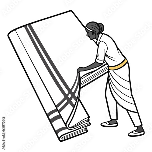 A woman in traditional indian attire unfolds a large striped dhoti or lungi with care and precision