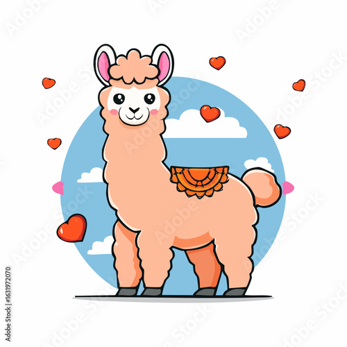 Lovable Llama: Adorable Cartoon Character with Hearts and Whimsical Background Design