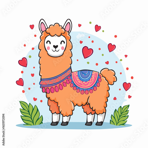 Charming Llama Surrounded by Hearts: A Whimsical and Delightful Cartoon Illustration