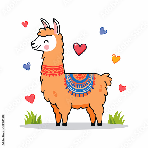 Adorable Llama Surrounded by Hearts in a Charming and Whimsical Cartoon Illustration