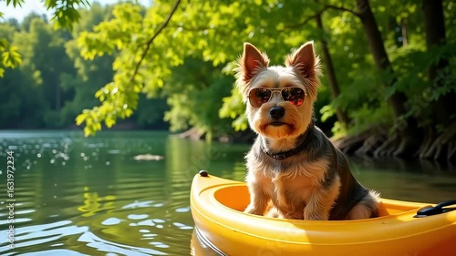 Yorkshire Terrier Wearing Sunglasses Sitting in Kayak on Sunny Rive