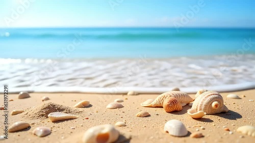 Seashells on sandy beach with turquoise ocean waves in the background on a sunny day