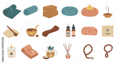 Yoga equipment flat vector icon set isolated