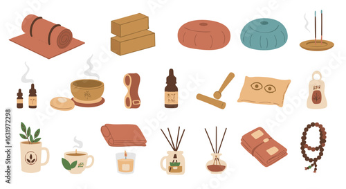 Yoga equipment flat vector icon set isolated
