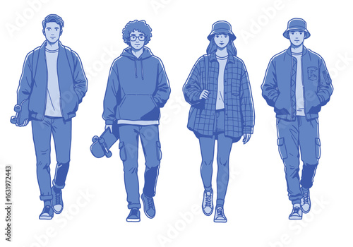 Monochromatic blue illustration of four stylish young adults in casual urban fashion walking forward.