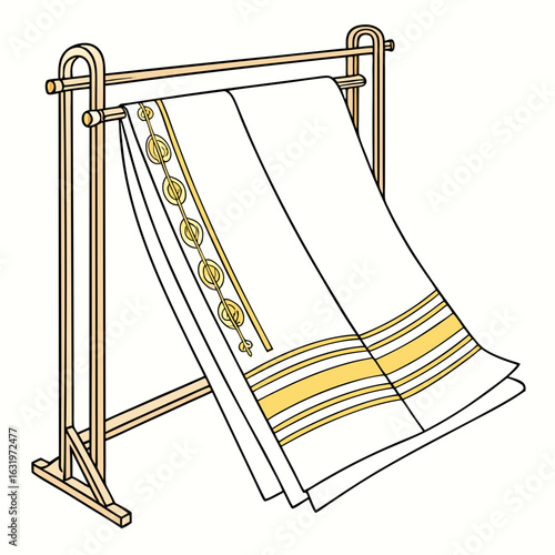 Illustration of a white cloth with golden decorative stripes and circular motifs draped over a wooden stand