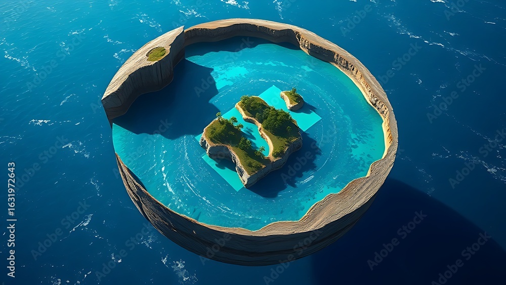 Fototapeta premium A cutaway Earth core reveals an azure ocean with floating islands, defying natural laws.