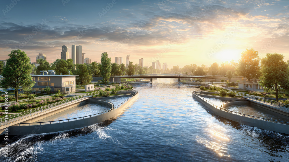 Naklejka premium Modern industrial water treatment facility by the river showcases advanced technology and vibrant nature at sunset