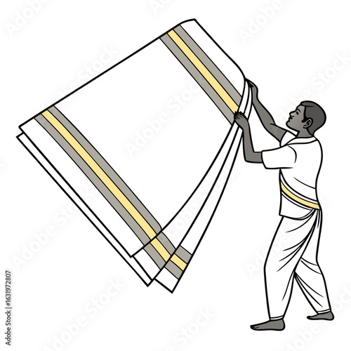 Man in traditional indian attire holding a white dhoti with golden and grey stripes against a white background
