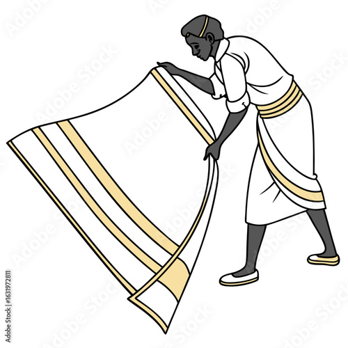 Person wearing traditional clothing holding a white cloth with golden stripes isolated on white background
