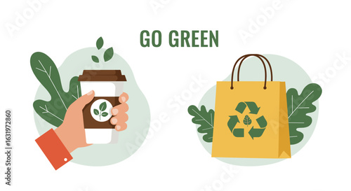 Eco-friendly coffee and shopping bags embodying the 'Go Green' message for sustainability campaigns and marketing materials