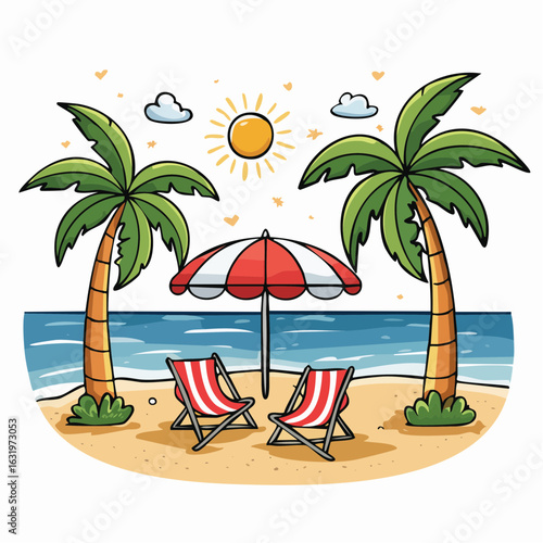 Whimsical beach scene with palm trees, striped chairs, umbrella, sun and calm ocean