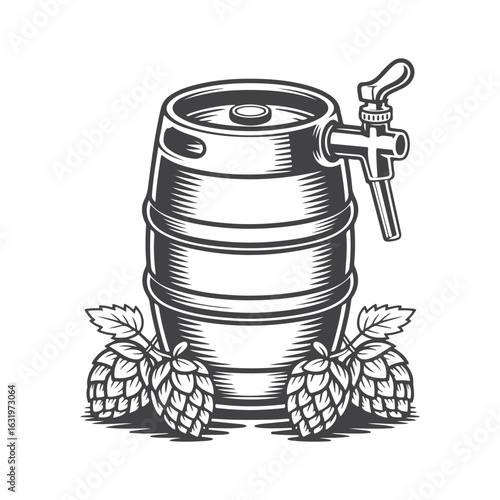 Wooden beer keg with hop cones and tap wooden barrel brewing