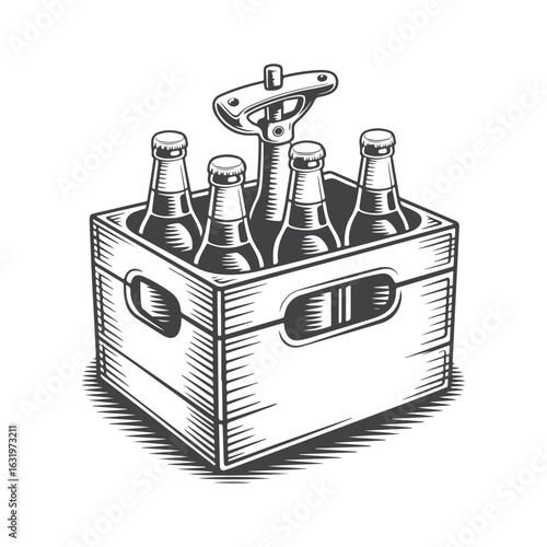 Wooden crate holding four glass bottles and a bottle opener six pack beer bottles