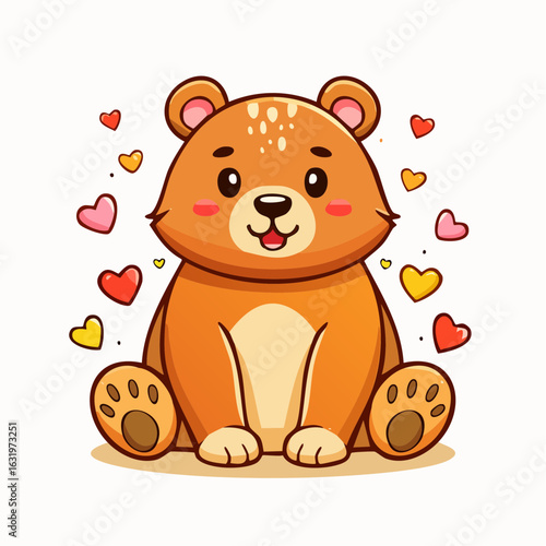 Adorable Cartoon Bear Surrounded by Hearts, Perfect for Valentine's Day Greetings or Children's Illustration