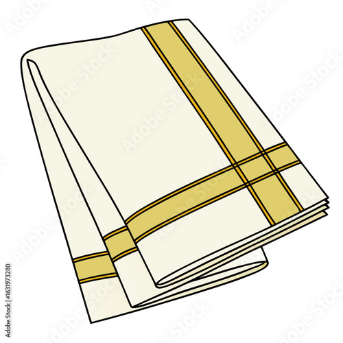 Traditional indian mundu dhoti or sarong with golden border folded elegantly on a white background