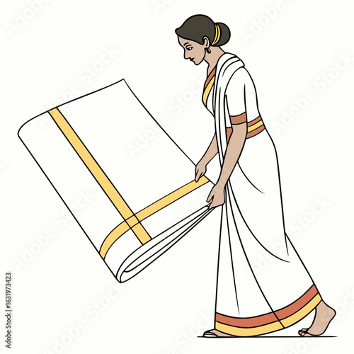 Traditional indian woman in white saree holding a folded dhoti with golden border