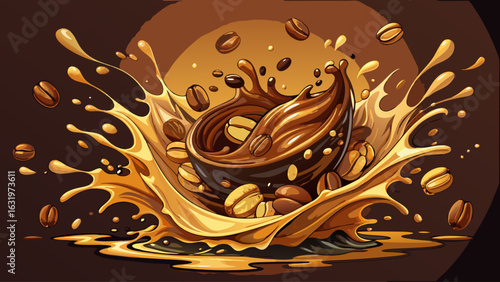 Hot liquid coffee splashes upward in elegant motion. Rich brown tones swirl with energy. Falling coffee beans descend gracefully, creating dynamic rhythm, depth, contrast, and bold visual intensity.