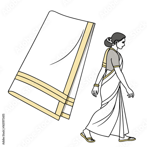 Traditional indian woman wearing a white and gold saree walking next to a folded saree