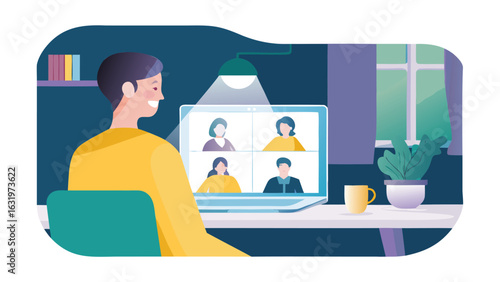 Man in yellow shirt attending a video conference with four participants on a laptop in a room setting