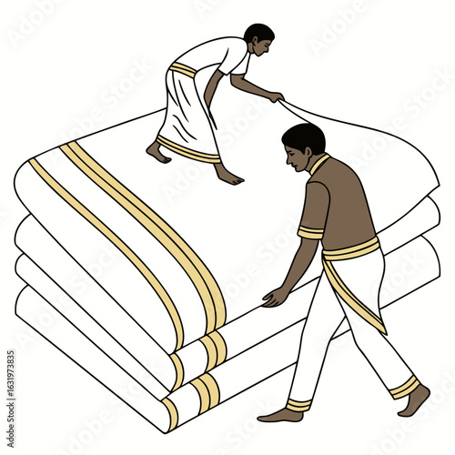 Two men in traditional indian attire working together to fold and manage a large stack of white fabric with golden borders