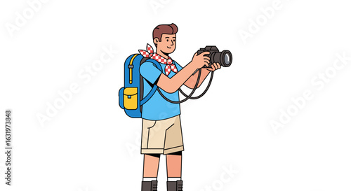 Illustrated traveler capturing memories, a young man with camera and backpack on a vibrant journey.