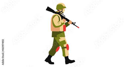 Stylized vector illustration of a soldier in combat uniform holding rifle