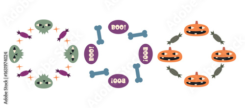 Halloween Themed Wreaths with Skulls and Pumpkins Illustration. Each design showcases spooky elements ideal for festive decorations or party invites