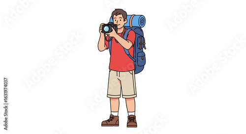Adventurous photographer on a scenic backpacking trip, capturing stunning landscapes with professional camera gear.
