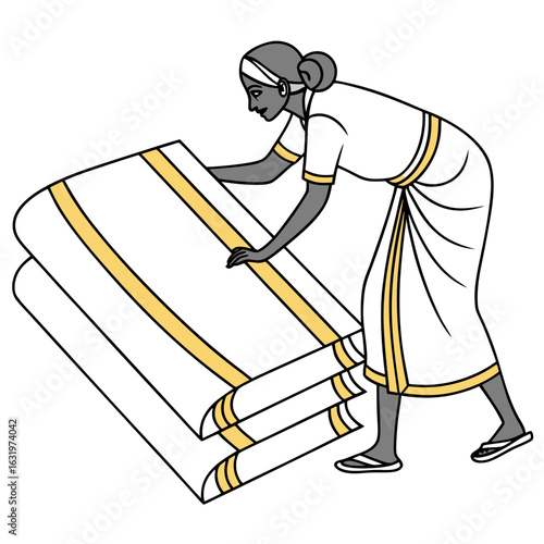 Woman in traditional indian attire folding white and gold striped fabric or clothing with care