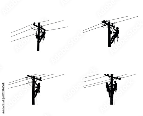 Lineman Climbing Electric Utility Pole Silhouette Vector – Power Line Maintenance Labour Day Illustration