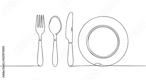 Simple line drawing of a place setting: fork, spoon, knife, and plate.