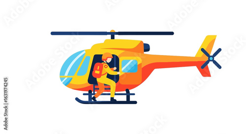 A vibrant illustration of a rescue worker boarding a bright yellow helicopter