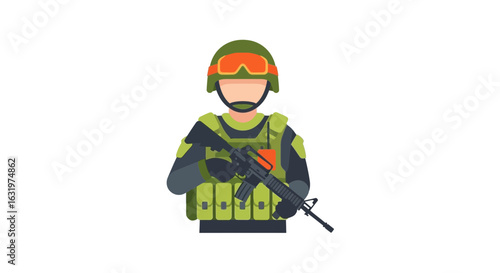 Illustration of Soldier with Rifle in Combat Uniform and Protective Gear