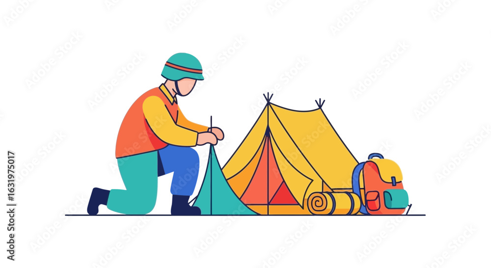 Fototapeta premium Person pitching tent with backpack and sleeping mat for camping adventure