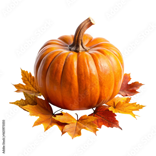 Classic orange pumpkin with autumn leaves on transparent background