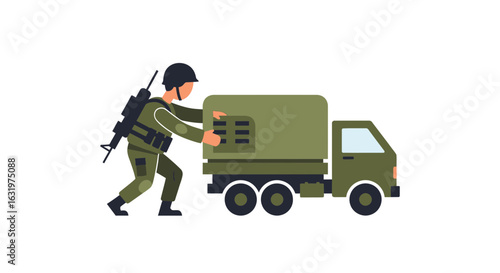 Soldier Loading Supplies onto Military Truck with Neutral Background Design