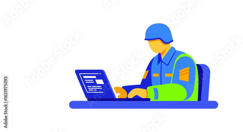 Soldier on Laptop, Military Personnel in Digital Communication Concept