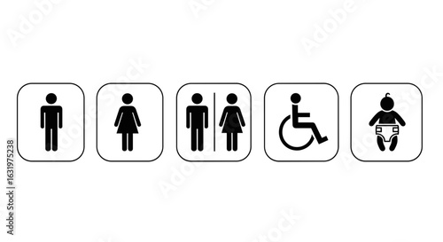 Restroom Symbol Collection: Gender Neutral, Handicapped Access and Baby Changing Facilities Icons Displayed in Black and White