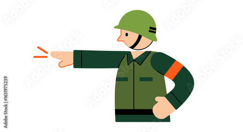 Stylized illustration of a soldier giving directions with confidence
