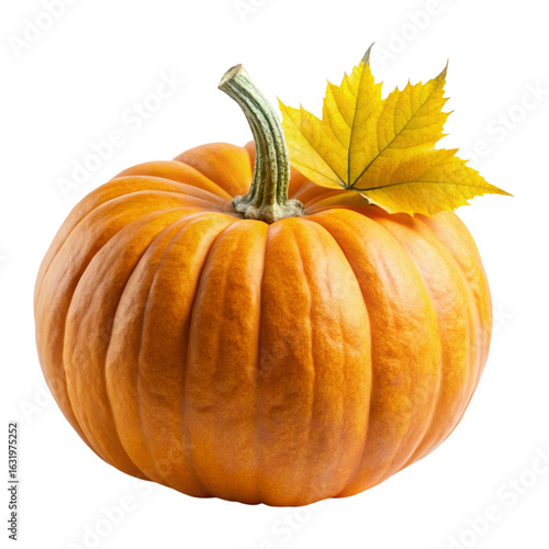 Large pumpkin with yellow leaves drawing on transparent background