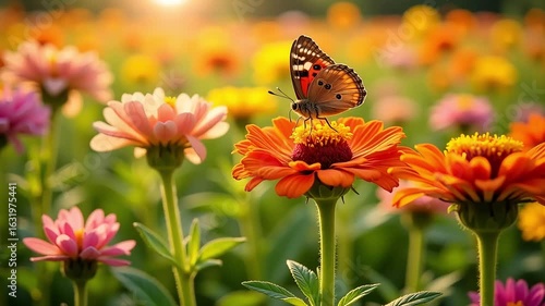 Close-up of butterfly on vibrant orange flower in blooming summer garden