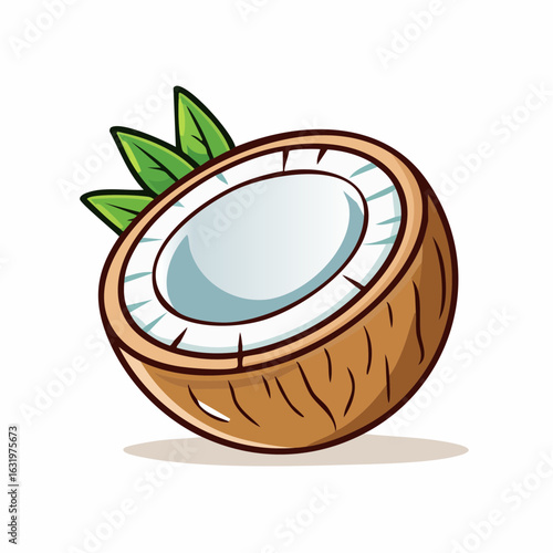 A cartoon-style depiction of a halved coconut with leaves, showcasing its white flesh