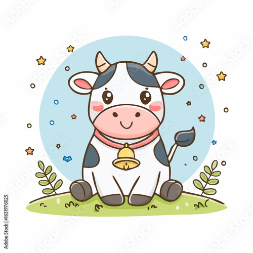 Adorable cartoon cow illustration surrounded by stars and plants on a blue background