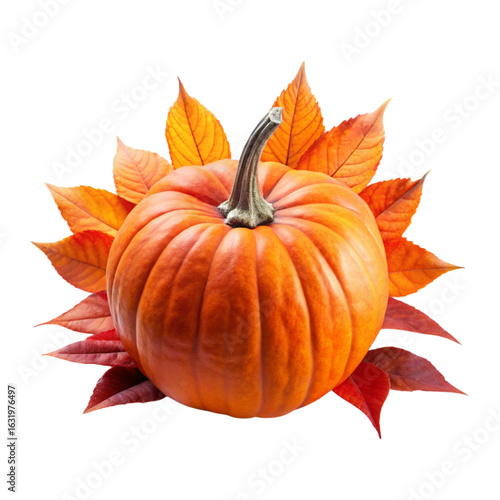 Round pumpkin with leaves illustration on transparent background