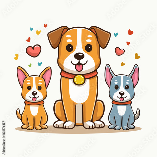 Delightful cartoon dogs surrounded by hearts showcasing family love and friendship