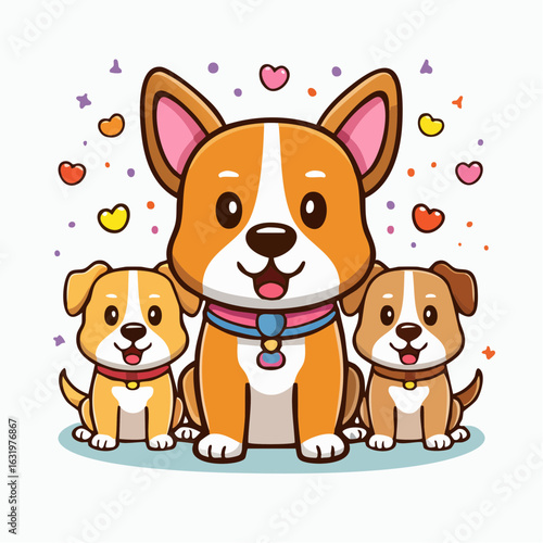 Adorable cartoon dogs family illustration with confetti and hearts for happy occasion